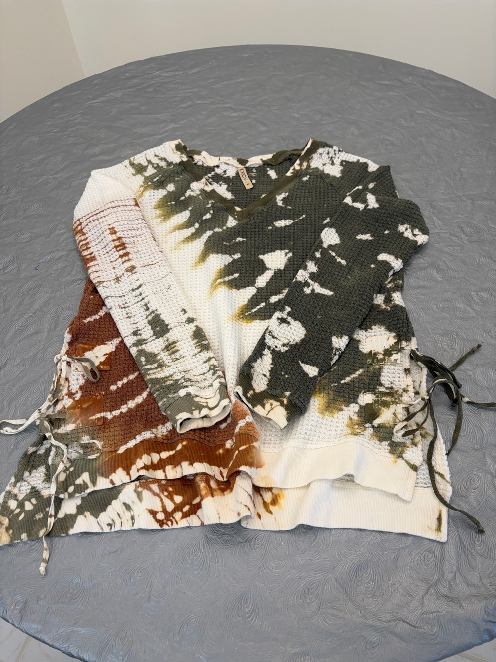 XCVI Tie-Dye Waffle Knit V-Neck Long Sleeve Top - Olive & Rust with Side Ties